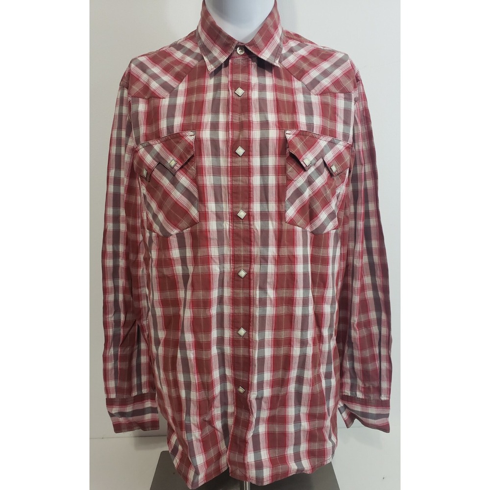 Lucky Brand Dungarees Mens Large‎ Red Plaid Pearl Snap Long Sleeve Shirt